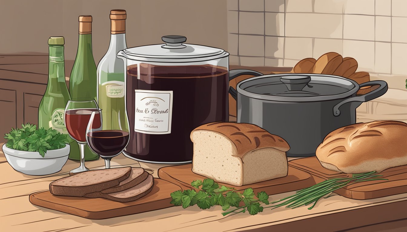 A pot of beef bourguignon simmering on a stovetop, surrounded by a bottle of red wine, fresh herbs, and a loaf of crusty bread