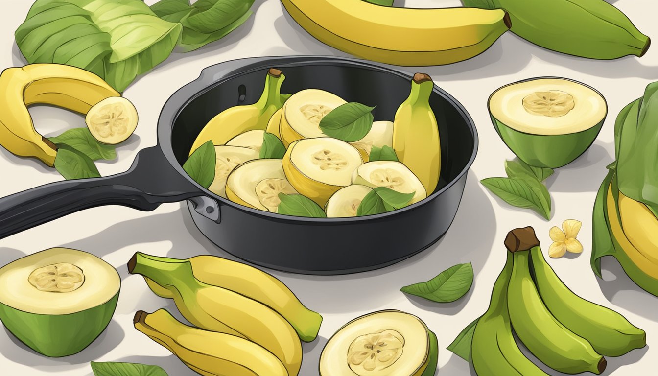 An unripe banana being sliced and cooked in a pan with other ingredients