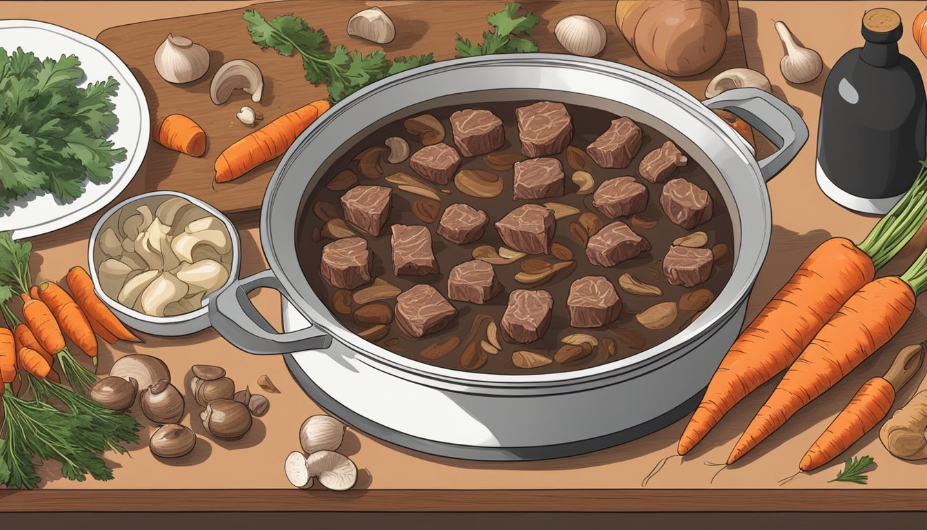 A pot of beef bourguignon simmers on a stovetop, surrounded by ingredients like carrots, onions, and mushrooms. A chef's knife and cutting board sit nearby, ready for preparation