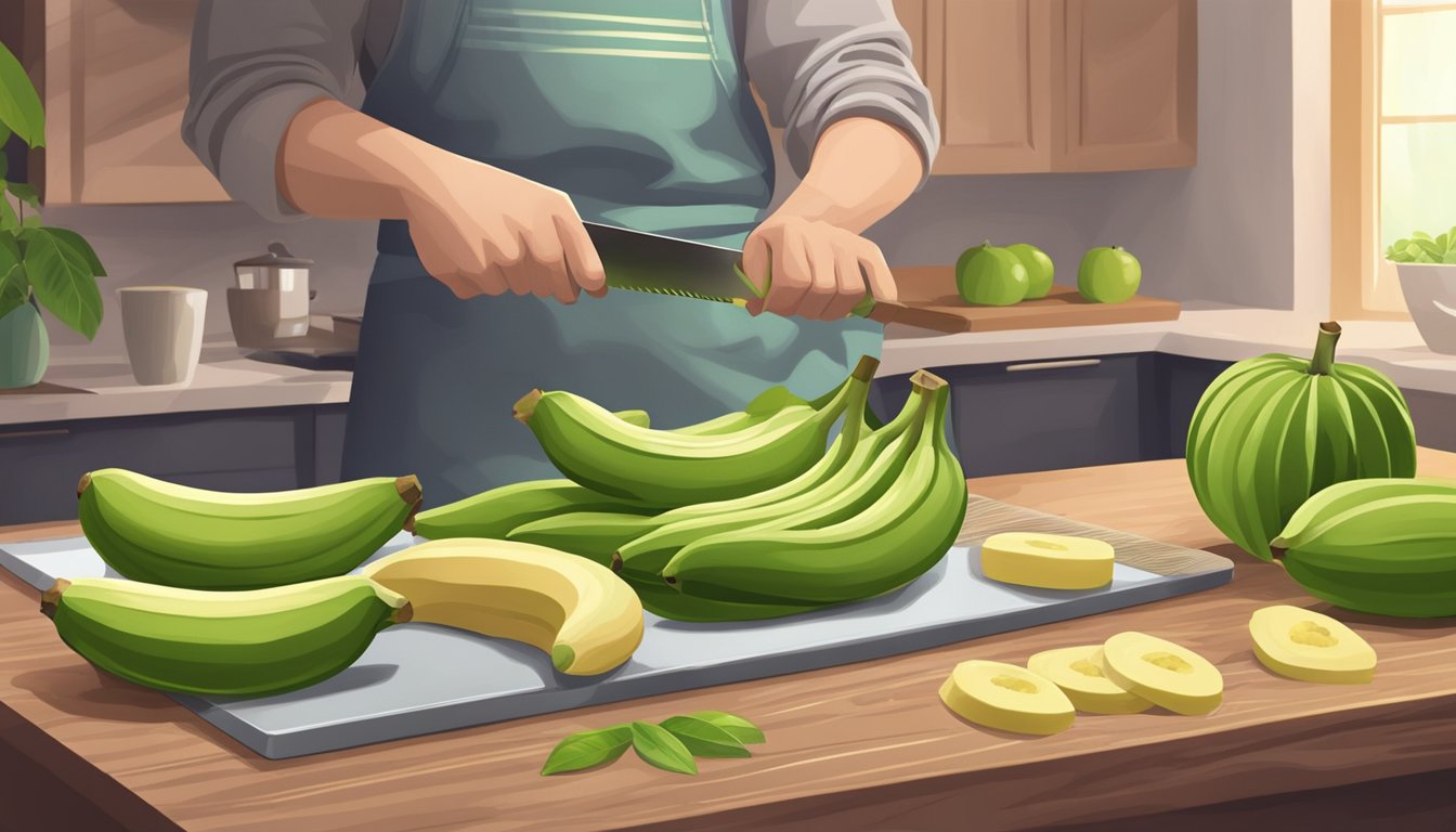 A person slicing unripe bananas for cooking