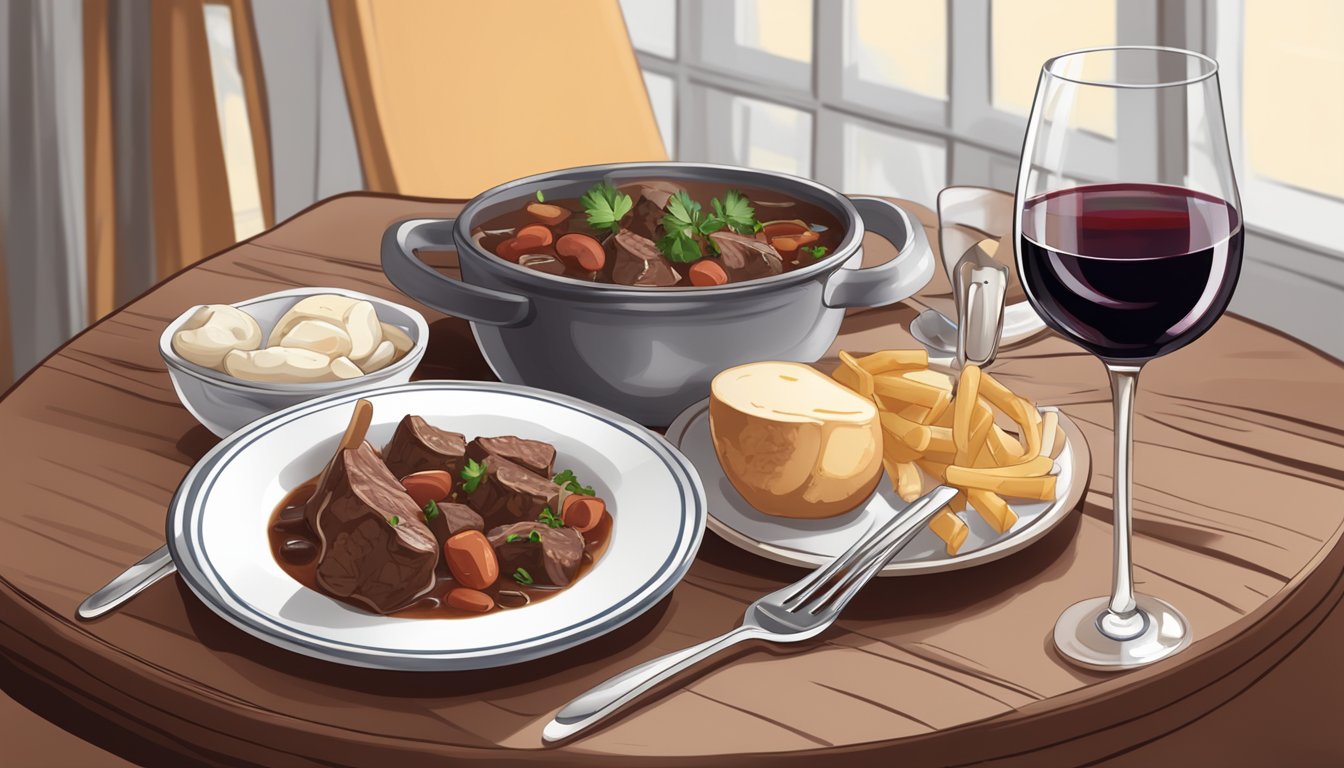 A table set with a steaming bowl of beef bourguignon, a fork and knife, and a glass of red wine