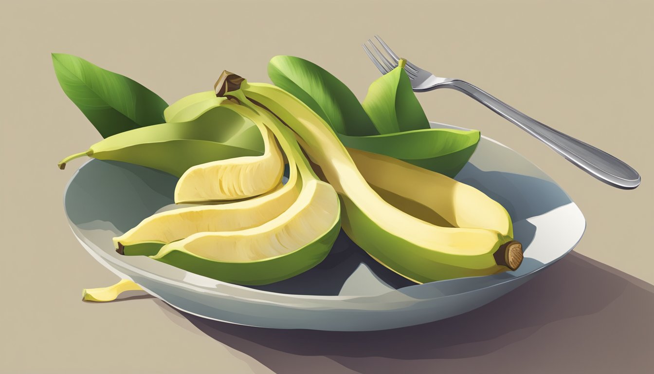 An unripe banana being peeled and sliced into a bowl, with a fork beside it