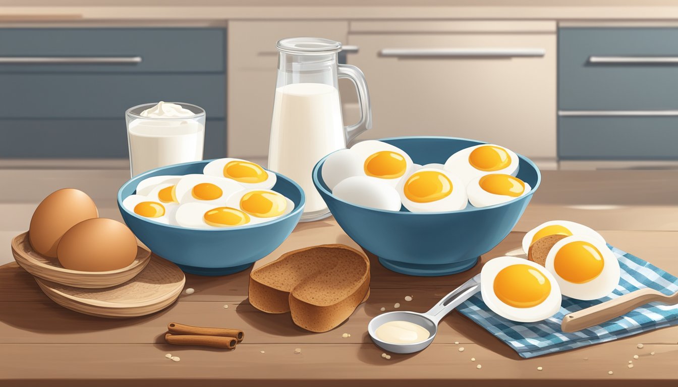 A bowl of eggs, milk, and cinnamon sits on a kitchen counter next to a stack of bread slices. A whisk and measuring spoons are scattered nearby