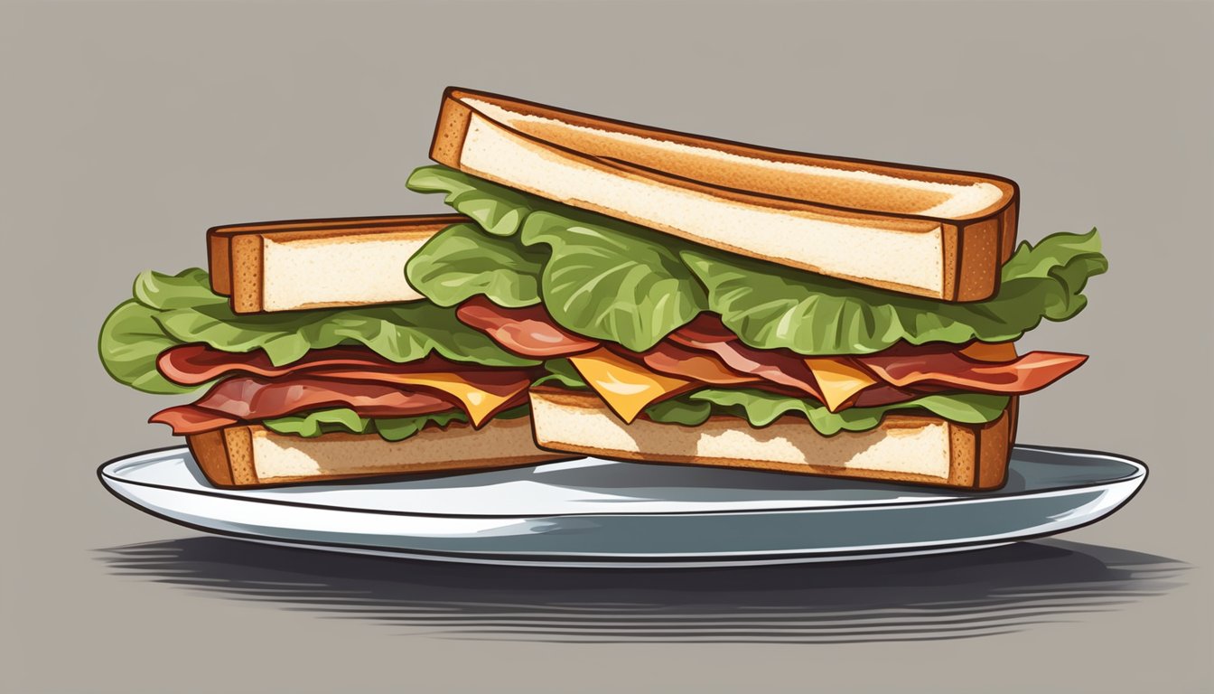 A BLT sandwich sitting on a plate, with crispy bacon, lettuce, and tomato layered between two slices of toasted bread