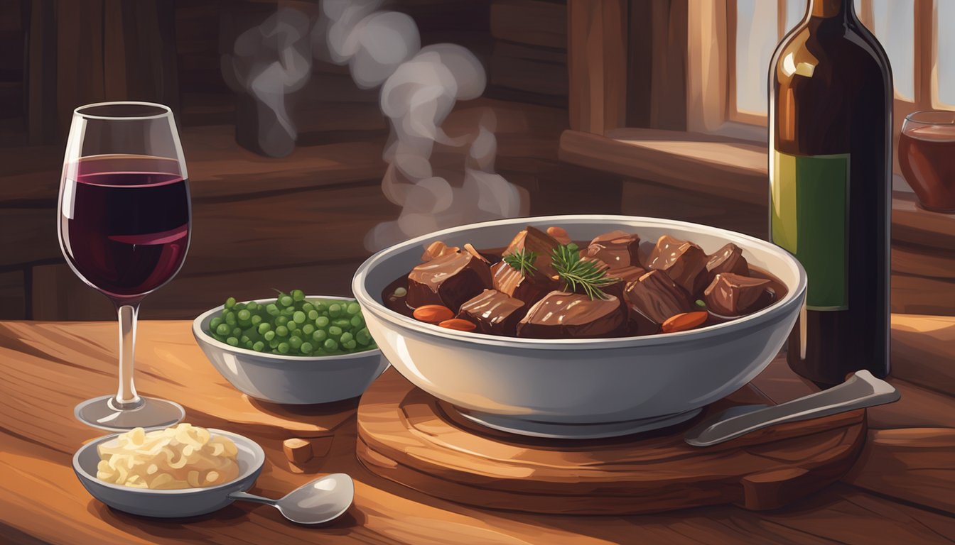 A steaming bowl of beef bourguignon sits on a rustic wooden table, surrounded by a warm, cozy atmosphere with a glass of red wine nearby