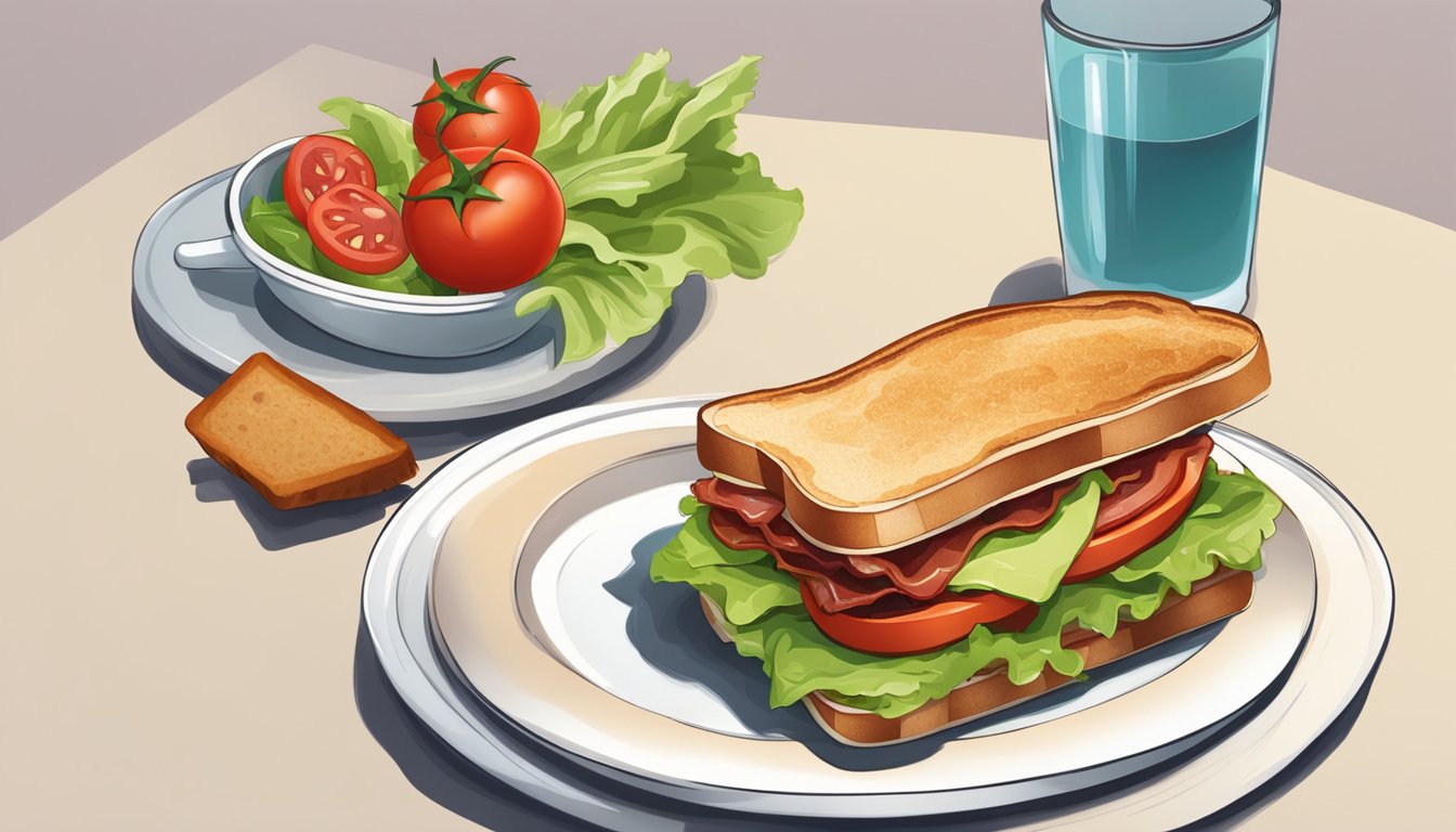 A BLT sandwich on a plate with crispy bacon, fresh lettuce, and juicy tomato slices, topped with another slice of bread