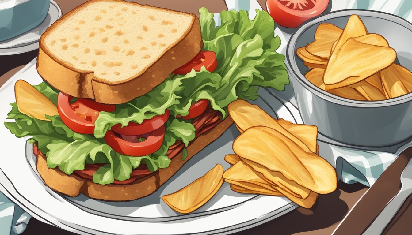 A BLT sandwich sits on a white plate, surrounded by a pile of crispy potato chips and a side of fresh lettuce and tomato