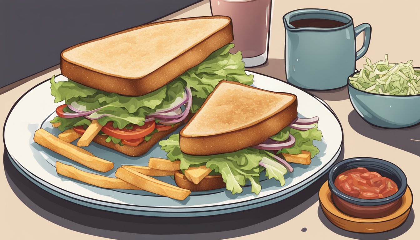 A BLT sandwich sits on a plate surrounded by a small dish of coleslaw and a pile of crispy, golden-brown fries