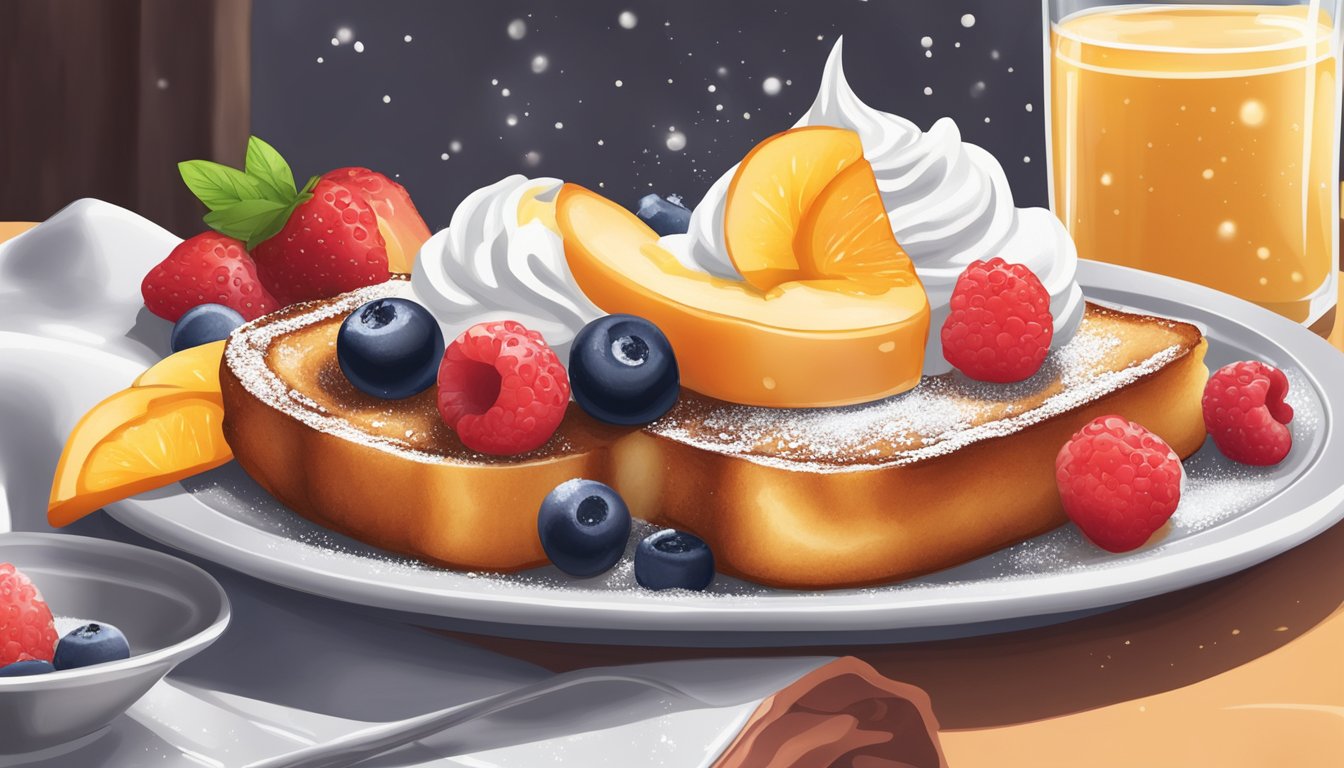 A plate of French toast topped with powdered sugar and syrup, accompanied by a side of fresh fruit and a dollop of whipped cream