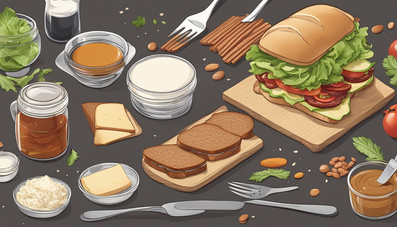 A BLT sandwich being deconstructed and reassembled in different ways. Ingredients spread out on a table with various utensils nearby