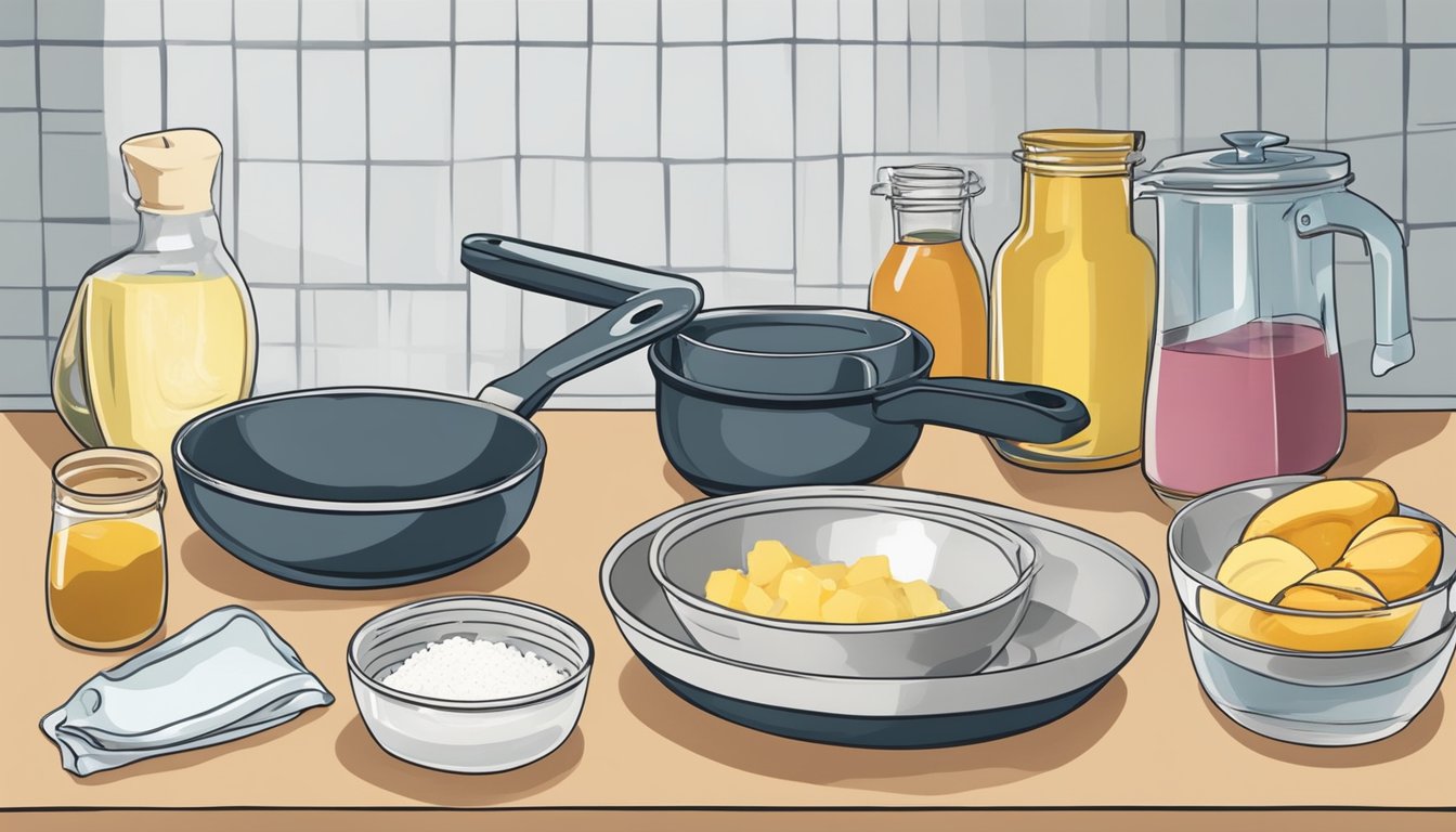 A kitchen counter with prepped ingredients, a mixing bowl, and a skillet ready for making French toast