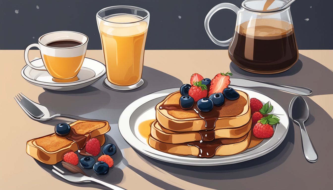 A plate of French toast topped with fresh berries and drizzled with maple syrup, served alongside a side of crispy bacon and a steaming cup of coffee