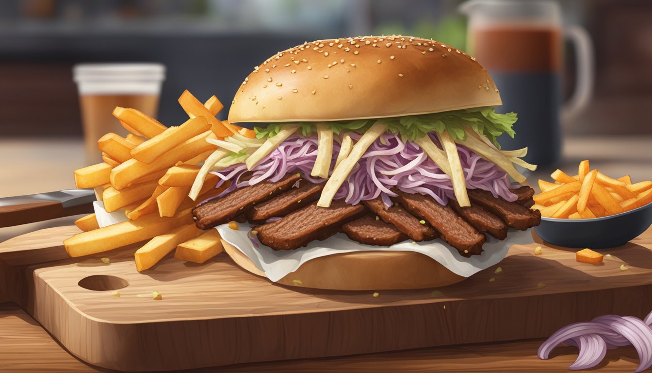 A brisket sandwich sits on a wooden cutting board, surrounded by a pile of crispy fries and a dollop of tangy coleslaw