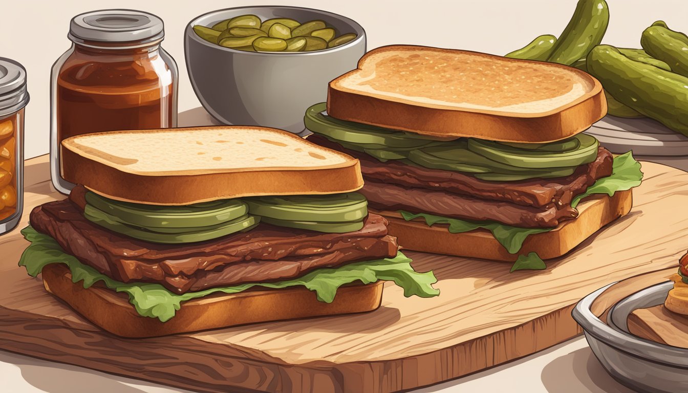 A brisket sandwich sits on a wooden cutting board, layers of tender meat, tangy barbecue sauce, and crispy pickles stacked between two slices of toasted bread