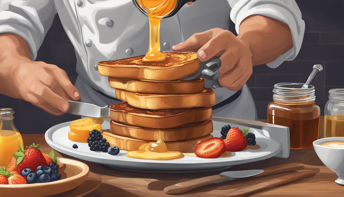 A chef using a blowtorch to caramelize the top of a stack of French toast, with a variety of unique toppings and syrups displayed nearby