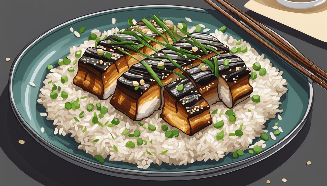 A plate of unagi with a bed of rice, drizzled with sweet soy sauce, and garnished with sesame seeds and thinly sliced green onions