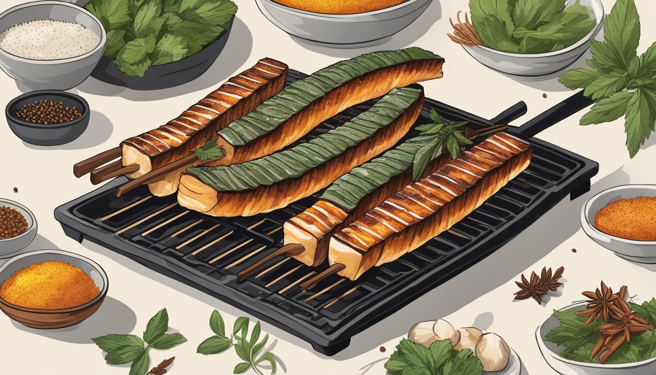 An unagi being grilled over an open flame, surrounded by a variety of fresh herbs and spices