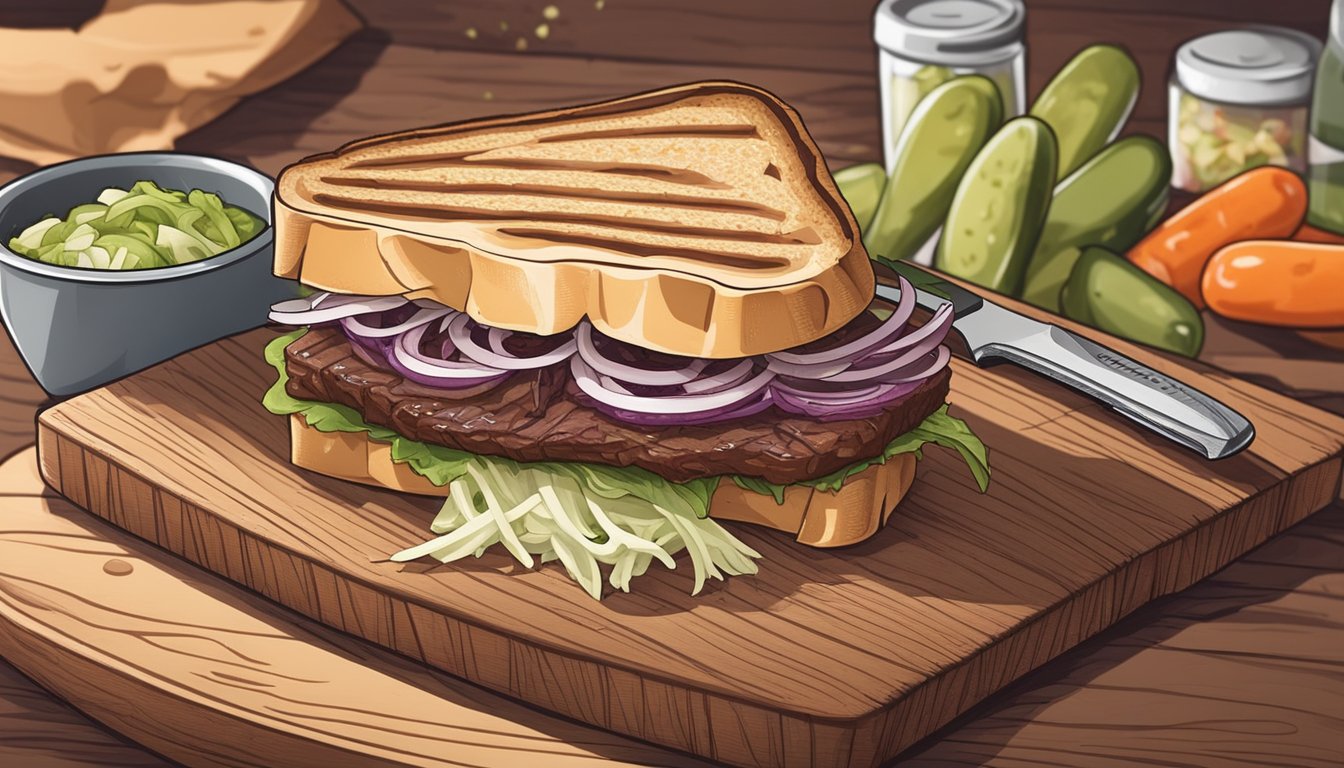 A brisket sandwich on a wooden cutting board with a side of pickles and coleslaw, with a knife slicing through the sandwich