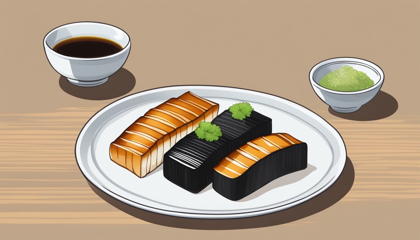 A plate of unagi with a side of pickled ginger and wasabi, accompanied by a small dish of soy sauce