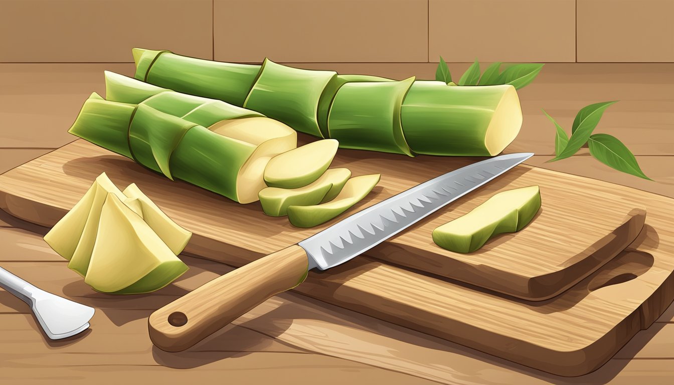 A bamboo shoot being peeled and sliced with a knife on a wooden cutting board