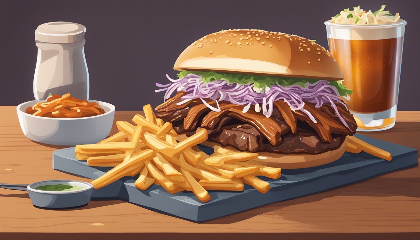 A mouthwatering brisket sandwich sits on a wooden cutting board, topped with tangy barbecue sauce and crispy coleslaw, surrounded by a pile of golden, crispy fries