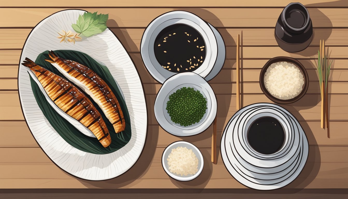 A plate of grilled unagi sits on a wooden table with a side of rice and a sprinkle of sesame seeds, accompanied by a small dish of soy sauce