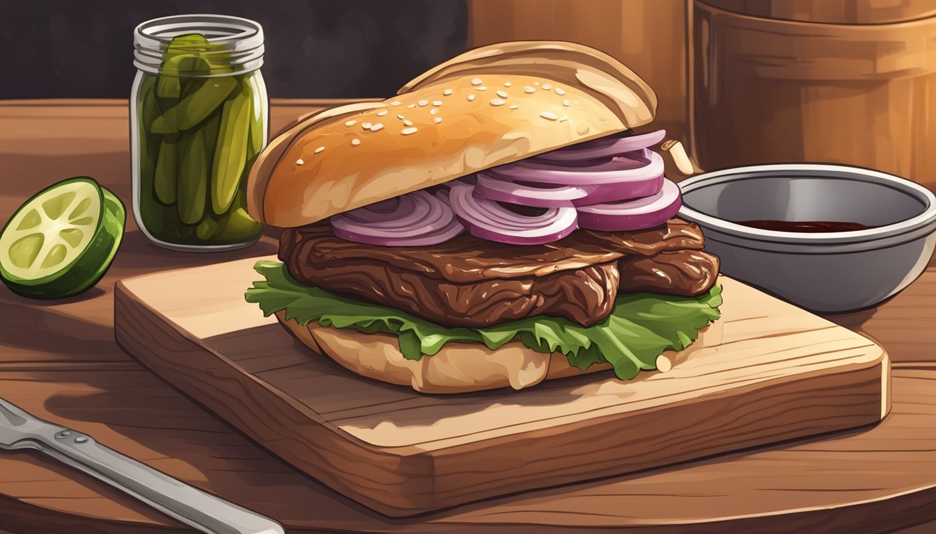 A brisket sandwich on a wooden cutting board with a side of pickles and a dollop of barbecue sauce