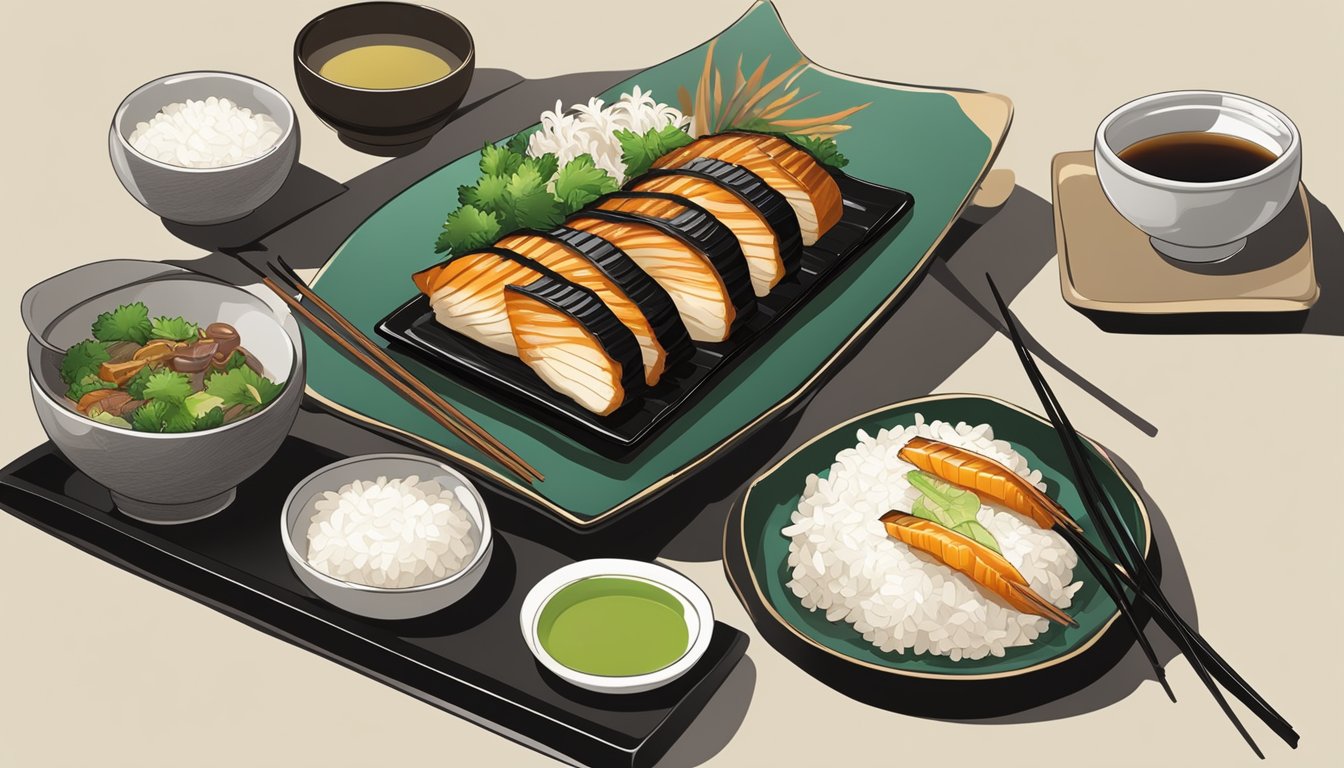 A traditional Japanese meal of grilled unagi served on a lacquered plate with a side of rice and pickled vegetables, accompanied by a cup of green tea