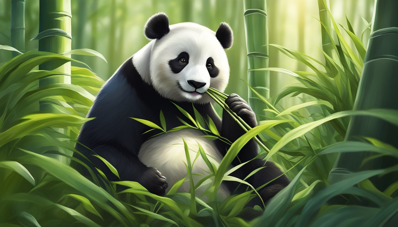 A panda nibbles on a fresh bamboo shoot, surrounded by lush greenery and sunlight filtering through the trees