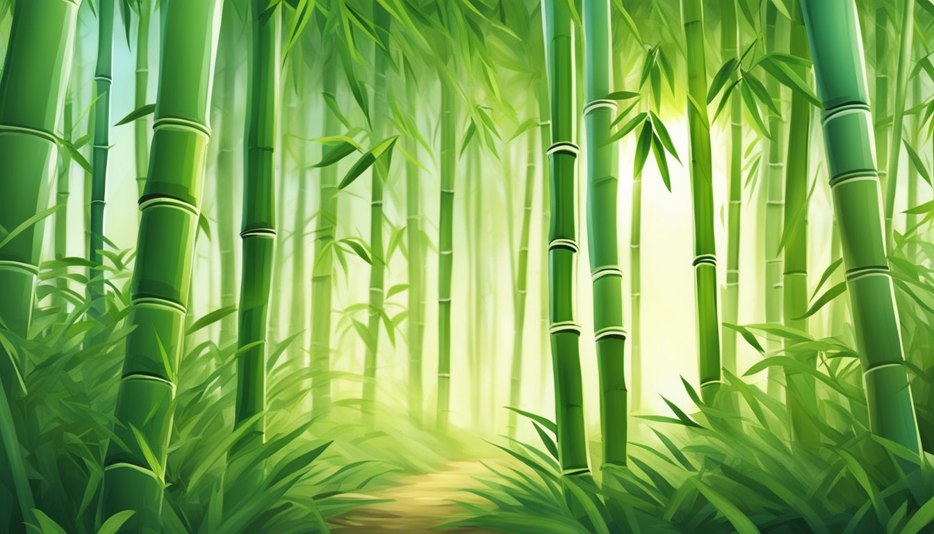 A bamboo forest with fresh shoots emerging from the ground, surrounded by lush greenery and sunlight filtering through the leaves