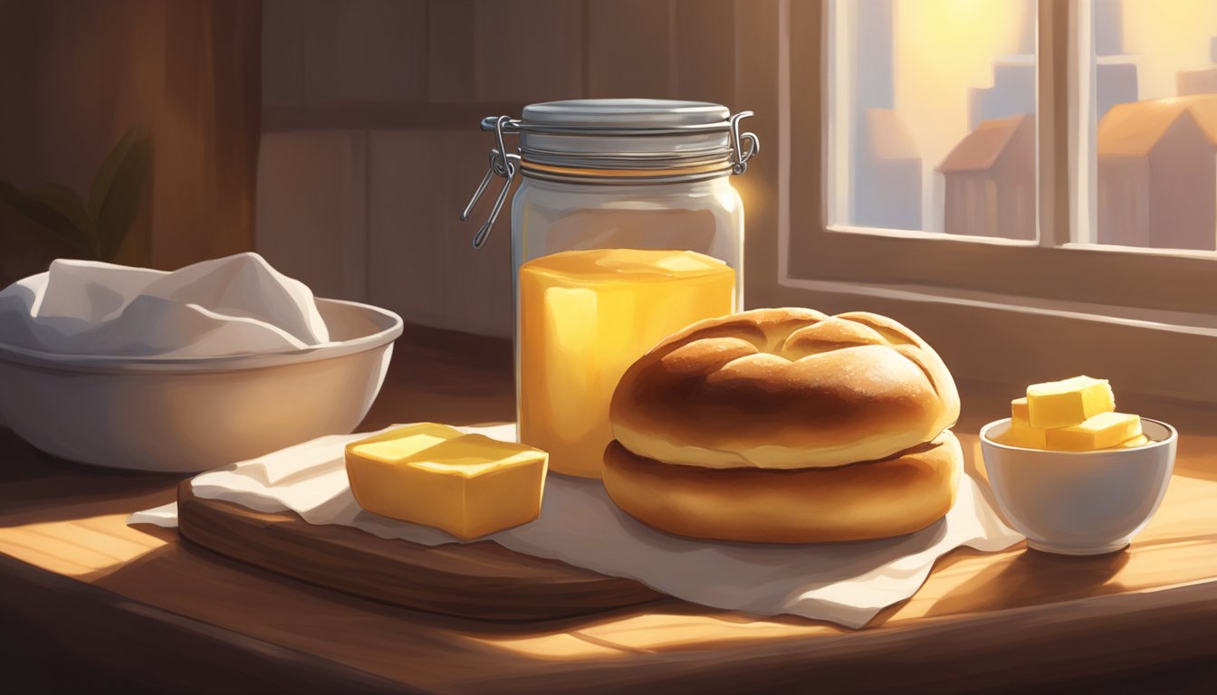 A brioche bun sits on a wooden cutting board next to a jar of jam and a pat of butter. Sunlight streams in from the window, casting a warm glow over the scene