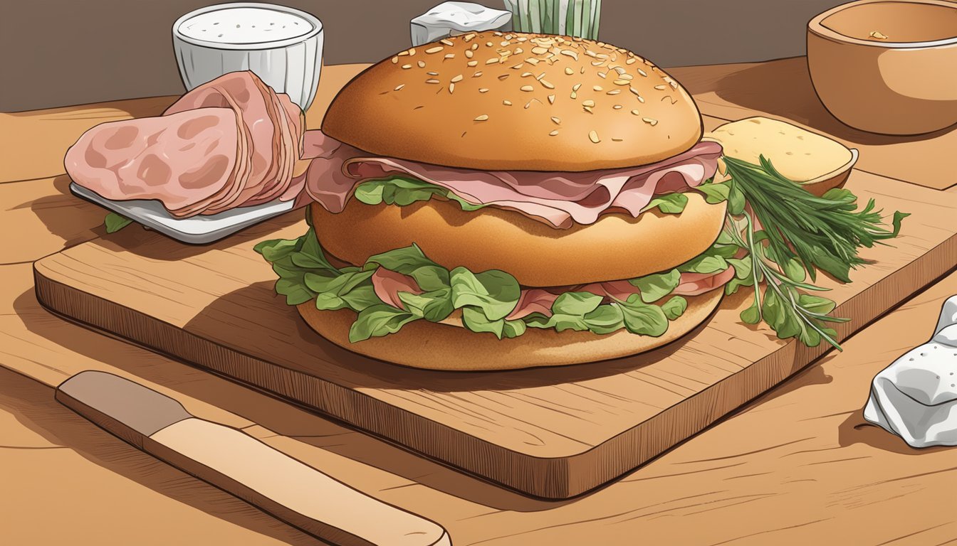 A brioche bun sits on a wooden cutting board, surrounded by a spread of savory ingredients like ham, cheese, and herbs