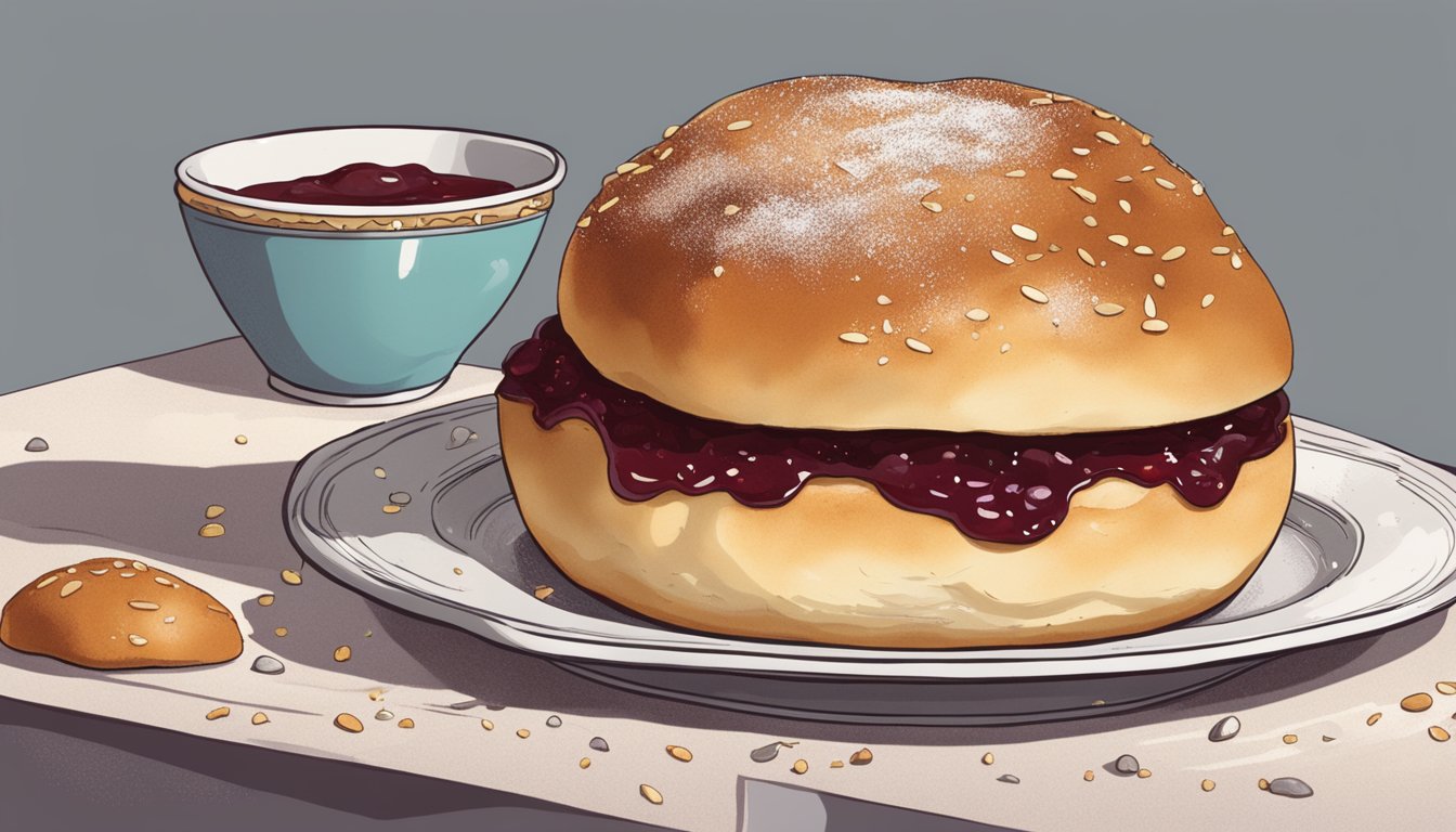 A brioche bun sits on a delicate plate, surrounded by scattered crumbs. A dollop of jam glistens on top, ready to be savored