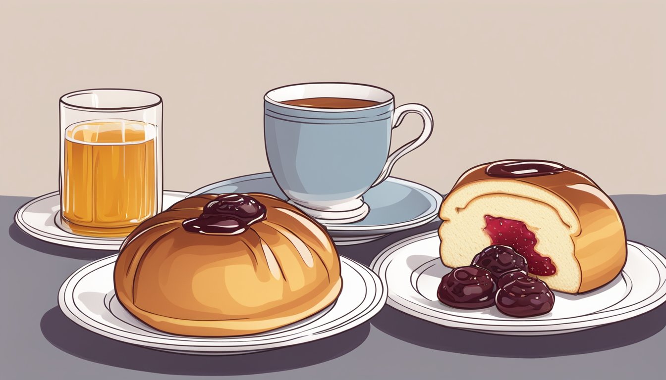 A brioche bun sliced open, filled with layers of butter and jam, sitting on a delicate plate with a cup of tea beside it