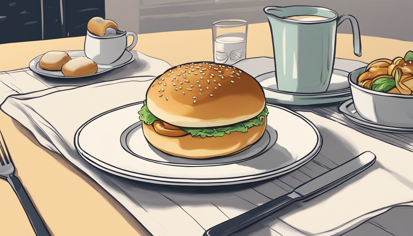 A brioche bun sits on a plate next to a meal, ready to be enjoyed