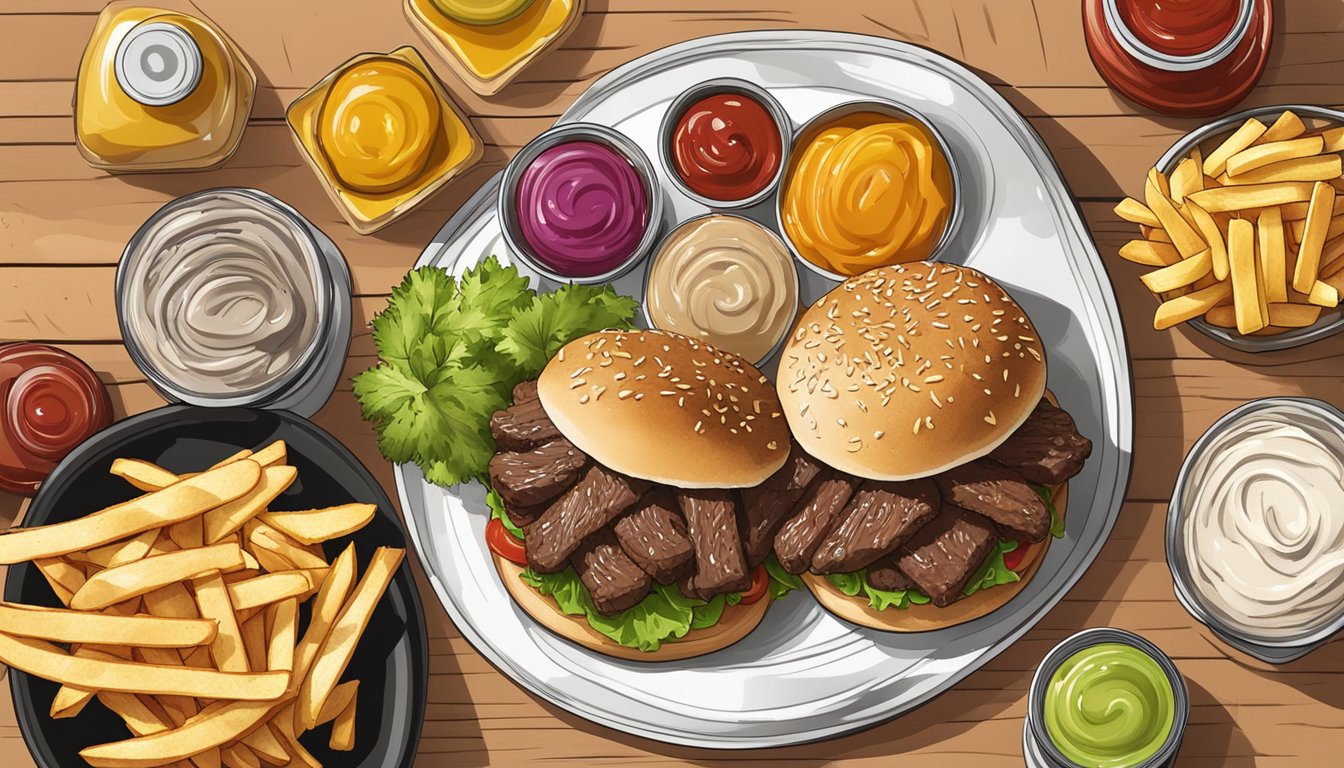 A plate of beef sliders surrounded by condiments and a side of fries