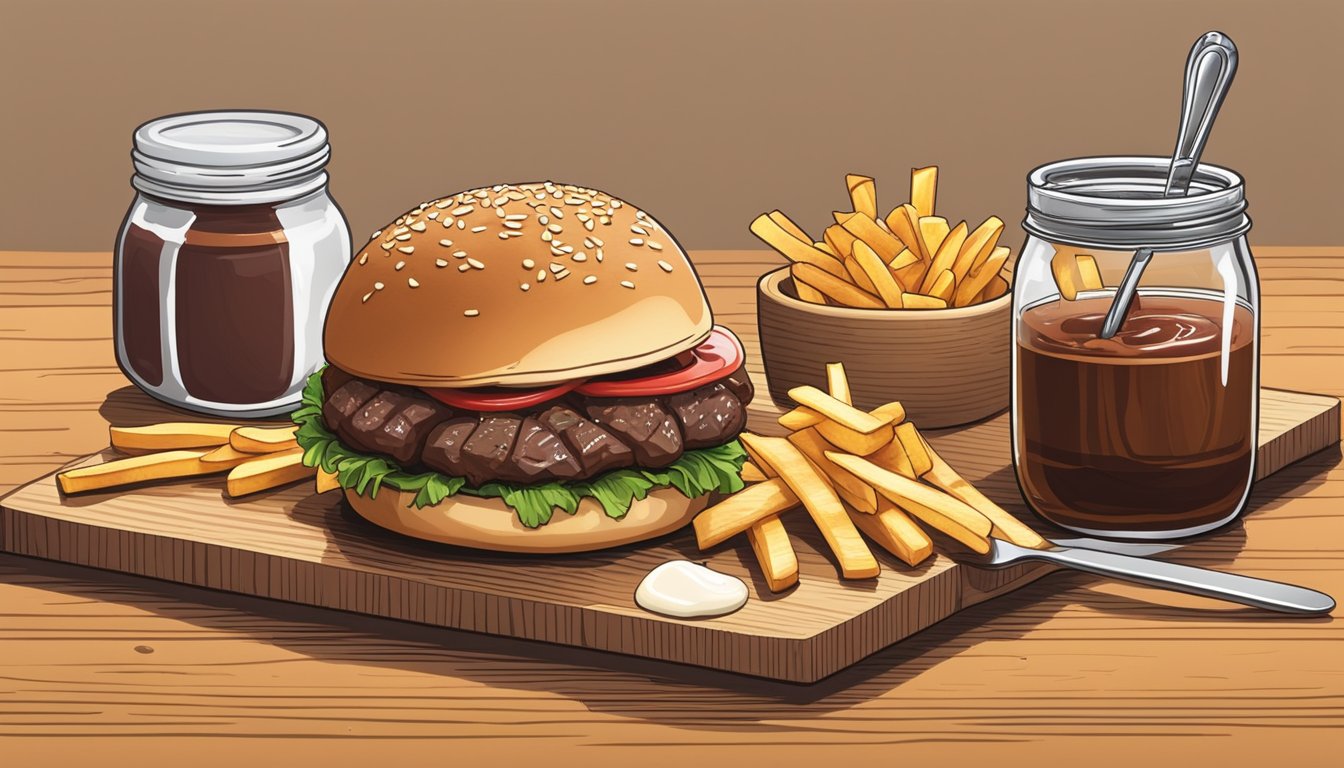 A beef slider on a wooden board with a mini fork and knife, surrounded by a side of fries and a small jar of dipping sauce