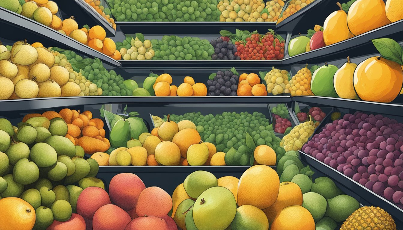 A hand reaching for an ugli fruit on a display of various fruits in a grocery store