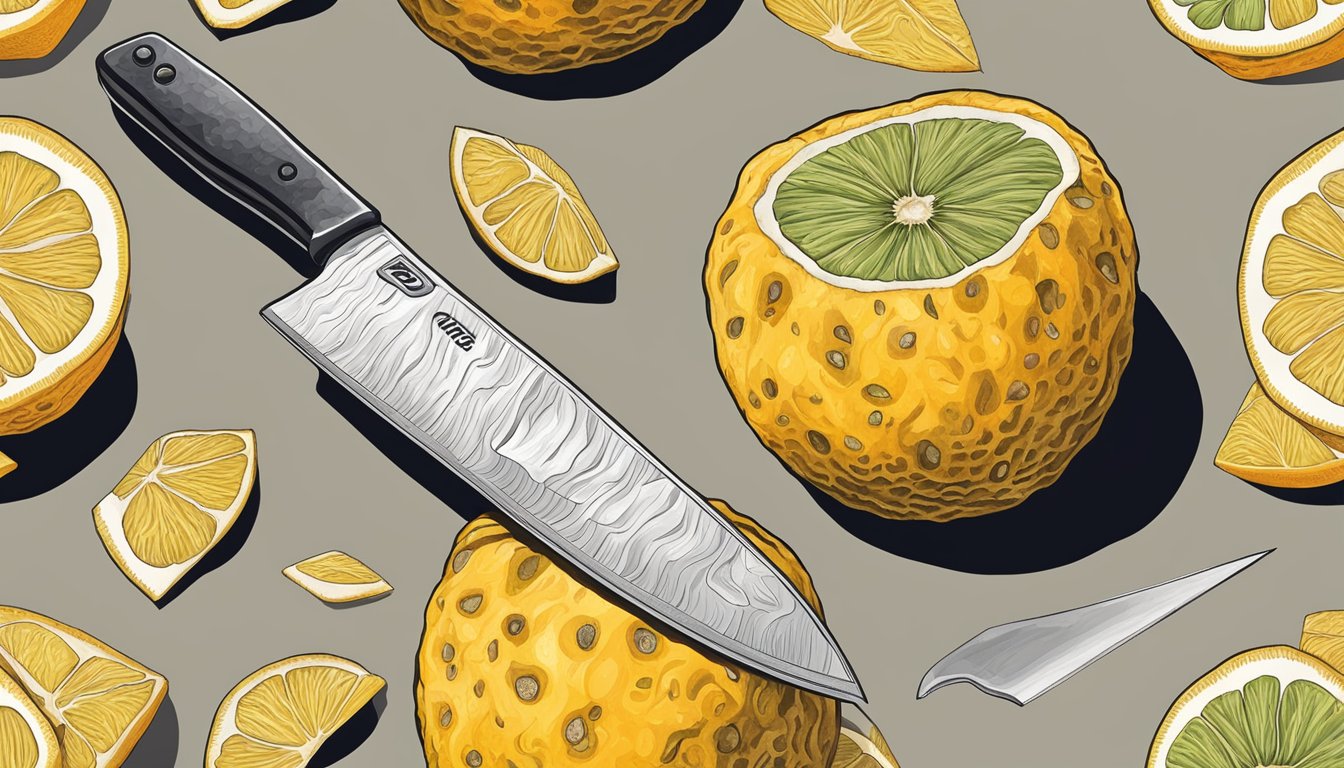 A knife peels the ugli fruit's thick skin, revealing juicy segments ready to eat