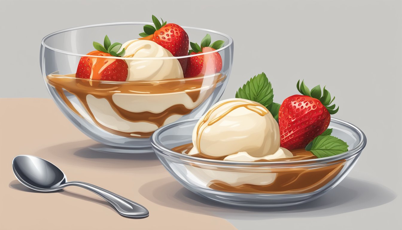 A scoop of vanilla ice cream sits in a clear glass bowl, topped with fresh strawberries and a drizzle of caramel sauce. A silver spoon rests beside the bowl