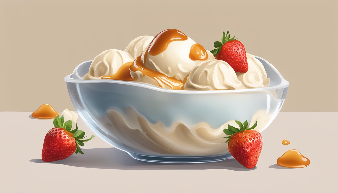 A scoop of vanilla ice cream topped with fresh strawberries and drizzled with caramel sauce, served in a chilled glass bowl