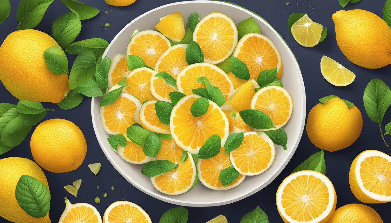 A bowl of sliced ugli fruit surrounded by ingredients for a fruit salad