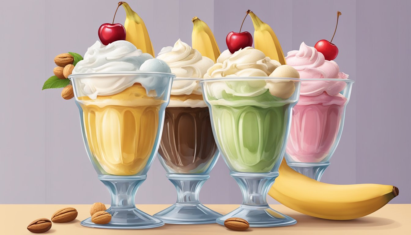 A tall glass dish holds three scoops of ice cream, topped with whipped cream, nuts, and a cherry. A ripe banana is sliced in half and placed on either side of the ice cream