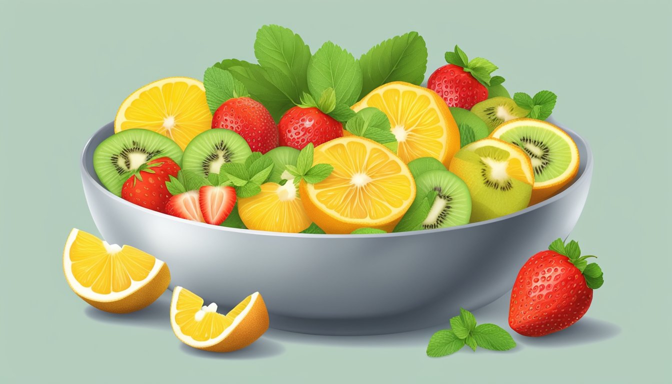 A colorful ugli fruit salad arranged in a bowl with slices of ugli fruit, strawberries, and kiwi, garnished with mint leaves