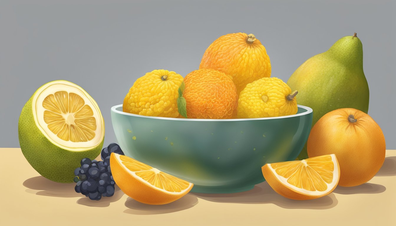 An ugli fruit being peeled and sliced into a bowl of mixed fruits for a salad