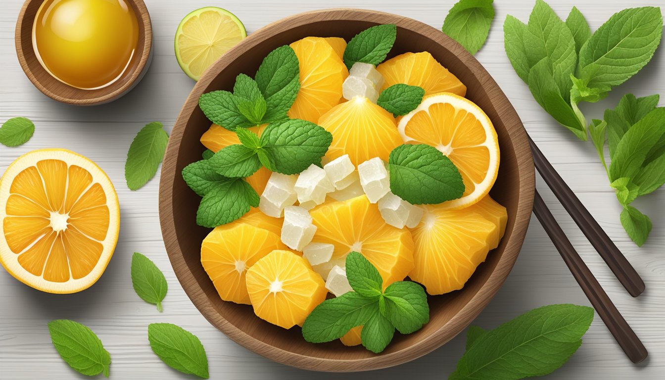 A colorful bowl of ugli fruit salad sits on a wooden table, surrounded by fresh ingredients like mint leaves and honey