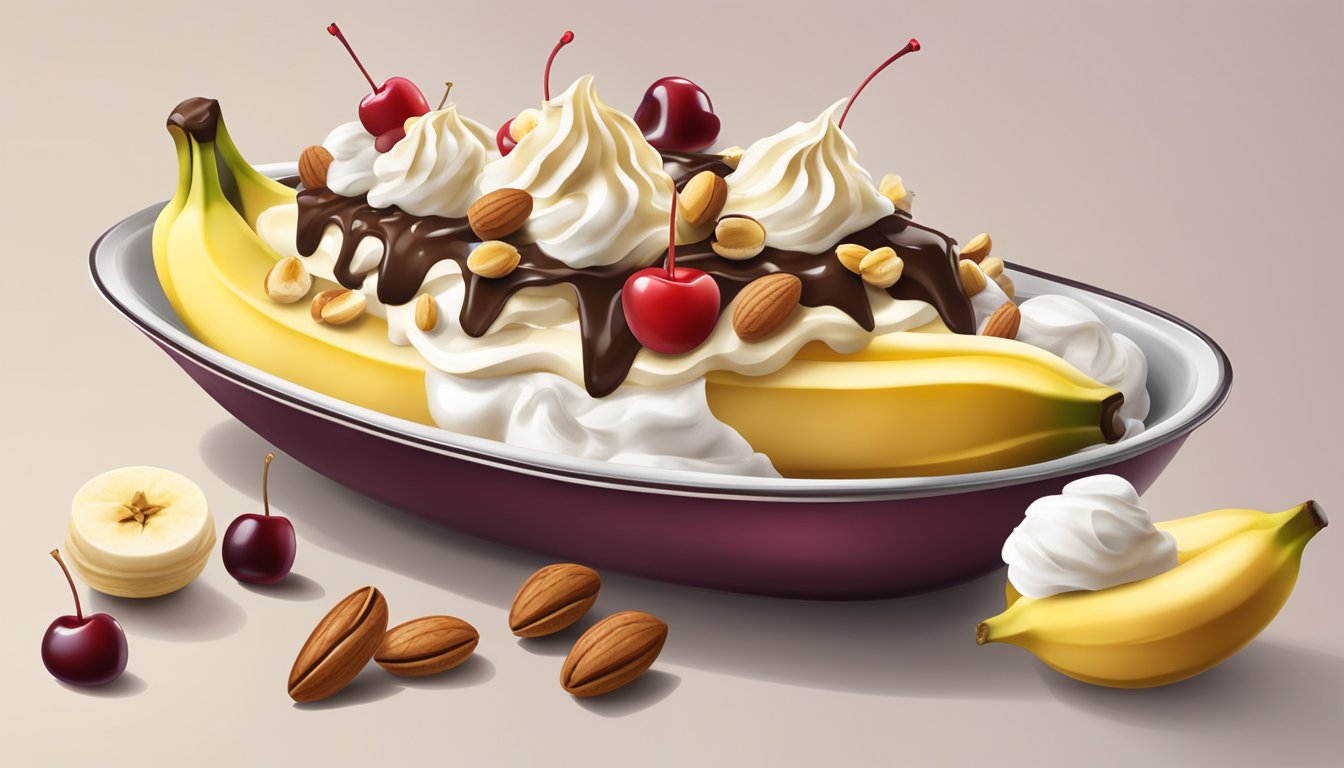 A banana split with three scoops of ice cream, sliced banana, whipped cream, nuts, and a cherry on top, served in a long dish