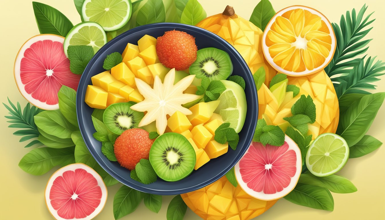 A colorful bowl of ugli fruit salad with slices of the fruit, mixed with other tropical fruits like mango and pineapple, garnished with fresh mint leaves