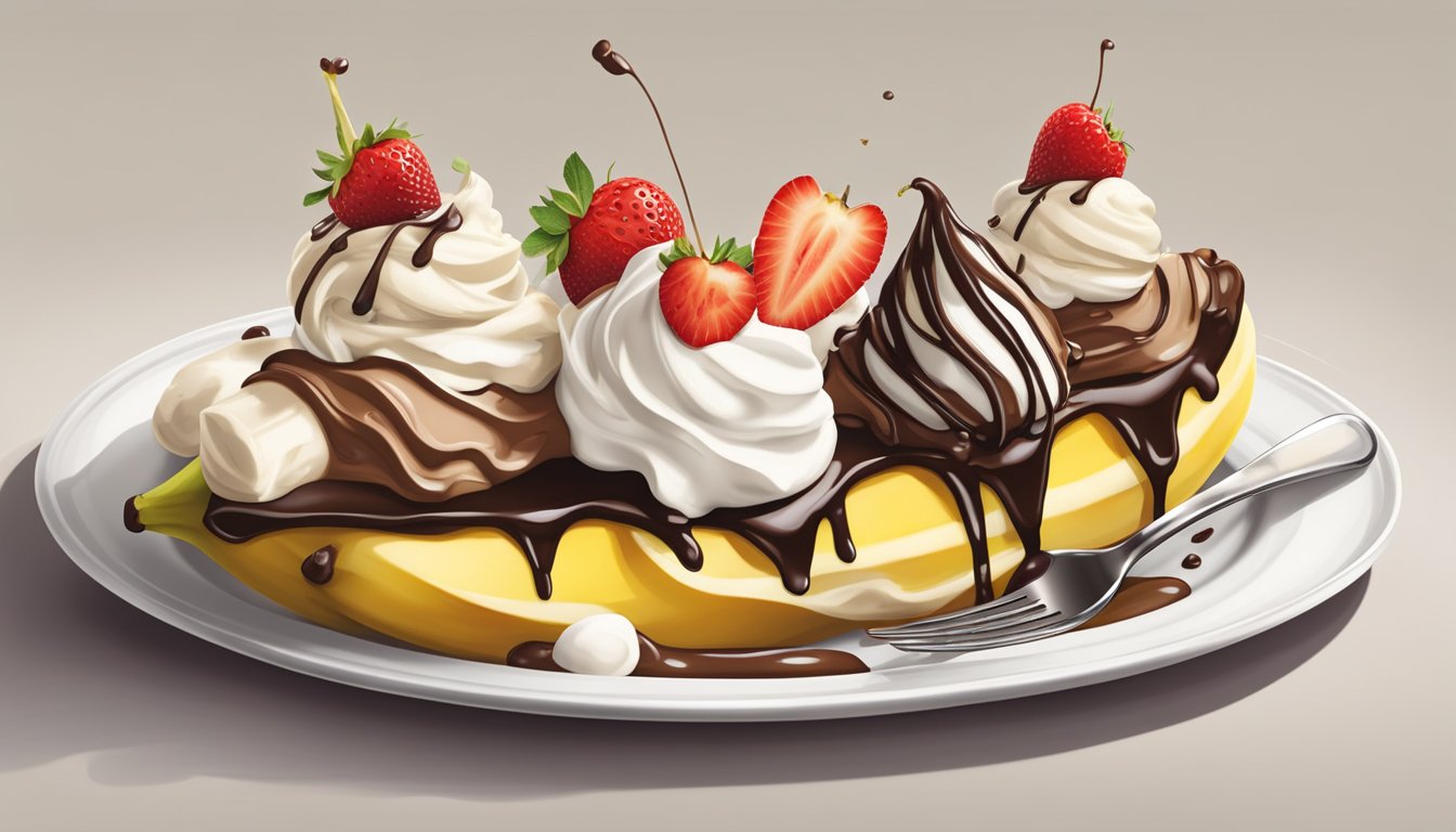 A banana split on a white plate, topped with whipped cream, chocolate syrup, and a cherry. Sliced bananas and scoops of vanilla, chocolate, and strawberry ice cream arranged in a row