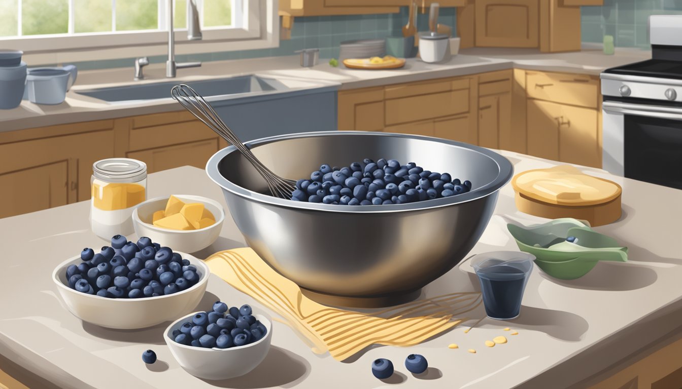 A mixing bowl filled with batter, scattered blueberries, and a whisk on a kitchen counter